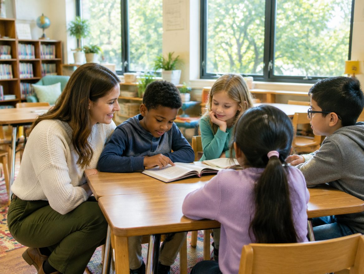 Teacher reading with a small group in a central Arkansas classroom